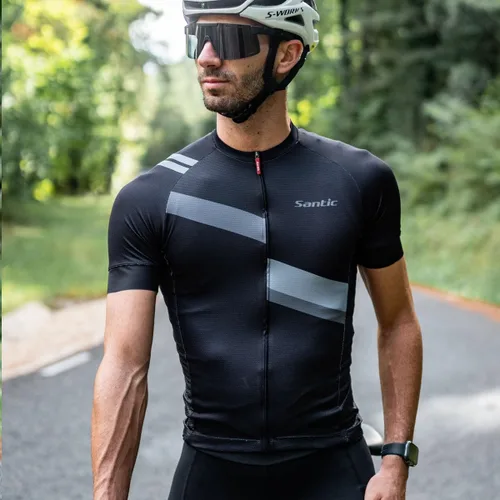 Miniatura 6 de Santic Camiseta de ciclismo para hombre, manga corta, camiseta de ciclismo de carretera, con cremallera completa, UPF 50+, MTB con bolsillos