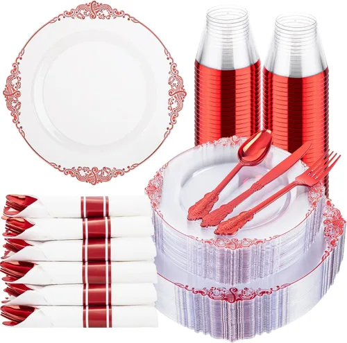 Miniatura 11 de Hioasis 175 platos de plástico verde transparente, elegante juego de vajilla desechable adecuado para 25 invitados, incluye platos de cena de 10.25
