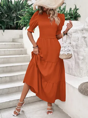 Miniatura 49 de BTFBM Vestidos para mujer, cuello redondo, casual, de verano, con volantes, manga corta, bohemio, con niveles, fruncido, largo, con estampado floral