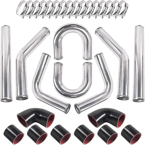 Kit universal de tubos de aluminio para intercambiador de 3 pulgadas con tubo en U, manguera de silicona y abrazaderas en T de acero inoxidable