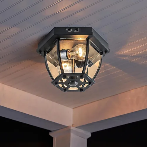 Miniatura 2 de Lámpara de techo empotrada con sensor de movimiento, 2 luces de porche al aire libre, montaje en techo, impermeable, negro mate, lámpara de techo
