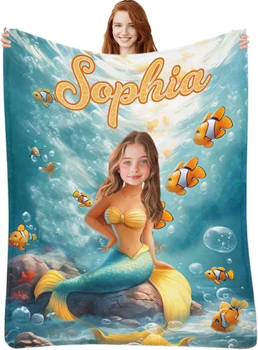 Miniatura 21 de Manta de Sirena Personalizada para Niñas Bebés - Manta de Forro Polar para Recién Nacidos y Niños Pequeños - Foto y Nombre, Regalos de Navidad