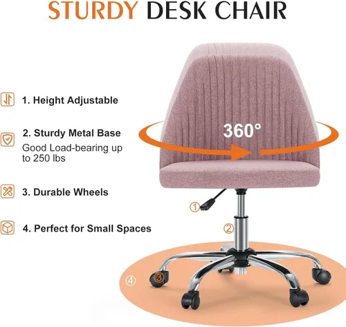 Miniatura 4 de Simple Deluxe Silla de escritorio de oficina sin brazos, moderna y bonita, silla giratoria cómoda, sillas de oficina en casa con ruedas, altura Rosa