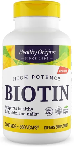 Healthy Origins Biotina Ultra-Potency (B7), 5,000 mcg - Apoya la piel, el cabello y las uñas - Vitamina B7 de alto grado - Sin OMG, biotina sin