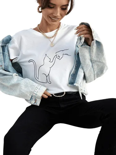 Miniatura 4 de SweatyRocks Camiseta básica de manga corta con estampado de gato y cuello redondo para mujer