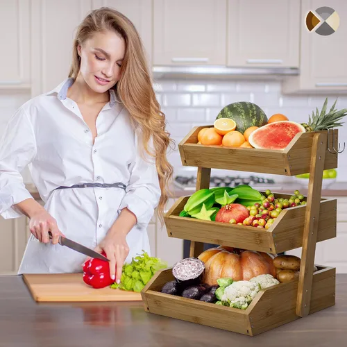 Miniatura 2 de Cesta de frutas de bambú de 2 niveles para encimera de cocina, encimera de almacenamiento de frutas de gran capacidad, soporte para frutas