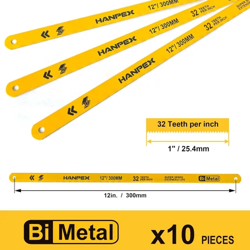 Miniatura 6 de Hanpex Hojas de repuesto para sierra para metales (paquete de 10) de alta velocidad 32 TPI - Hoja de sierra de 12 pulgadas de longitud - Cuchillas