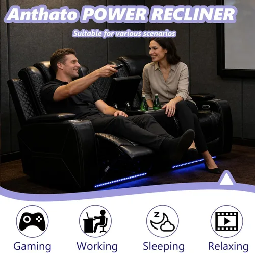 Miniatura 3 de Juego de Sofá Reclinable Eléctrico, Juego de Sofá y Sillón Reclinable de Cuero Negro, Juegos de Muebles de Sala de Estar, Sofá de Dos Plazas