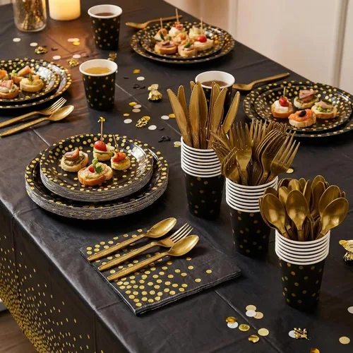 Miniatura 5 de Juego de vajilla desechable dorada de 176 piezas y vajilla de fiesta desechable con lunares dorados, platos de papel negro, servilletas, vasos