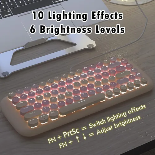 Miniatura 4 de Lomiluskr Lindo teclado mecánico con cable colorido para niñas y niños, teclas redondas, 84 teclas compactas, 10 efectos de iluminación Azul