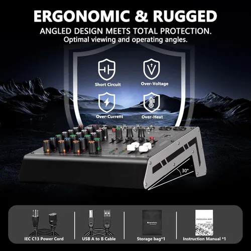 Miniatura 7 de Mezclador de audio de 4 canales, consola de tablero de sonido 99 DSP con alimentación Phantom de 48 V, mezclador DJ profesional para podcasting