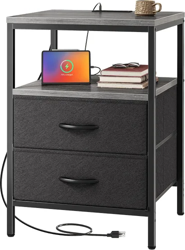 Miniatura 25 de Huuger - Mesita de noche con estación de carga, mesa auxiliar con 2 cajones de tela, mesa de centro con estante abierto, mesita de cama con puerto