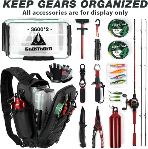 Miniatura 4 de Mochila de Pesca Ghosthorn con Bolsa de Aparejos y Bandolera - Mochila con Soporte para Caña - Caja de Aparejos Ligera para Regalos de Pesca