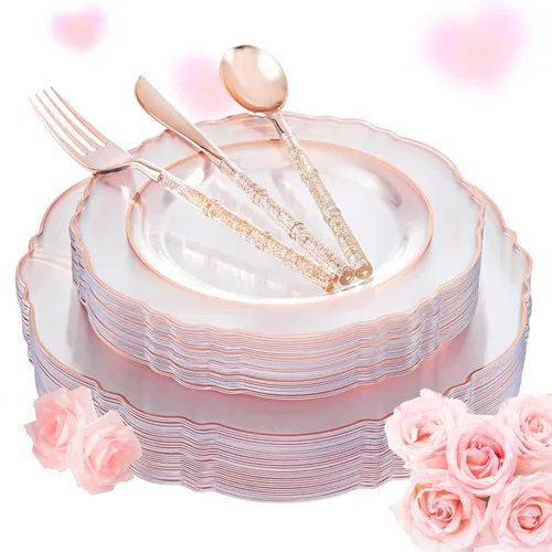 Liacere 150 platos de plástico color oro rosa, platos desechables de oro rosa transparente con mango de bambú con purpurina, 60 platos barrocos