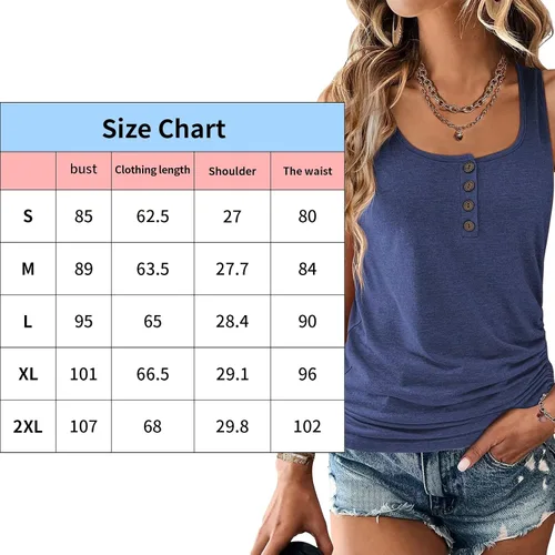 Miniatura 2 de AIZHINENG Camisetas sin mangas con cuello en U para mujer, sin mangas, holgadas, con botones, estilo Henley