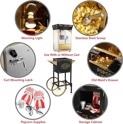 Miniatura 6 de Olde Midway Máquina de palomitas de maíz estilo cine con carrito y hervidor de 8 onzas - Negro, estilo vintage con ruedas