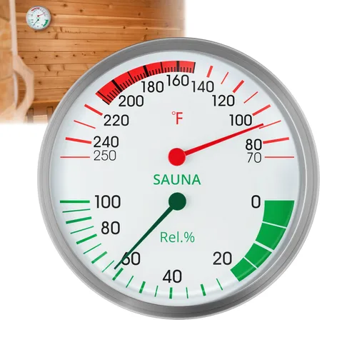 Higrómetro Termómetro de Sauna de Acero Inoxidable con Esfera Codificada por Colores, Pantalla Grande de 5", 70-250°F, 0-100%, Resistente al Calor,