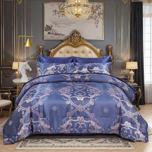 Miniatura 15 de Juego de edredón Queen de jacquard verde, juego de sábanas, elegante juego de ropa de cama de 8 piezas bordado, diseño floral neoclásico, decoración