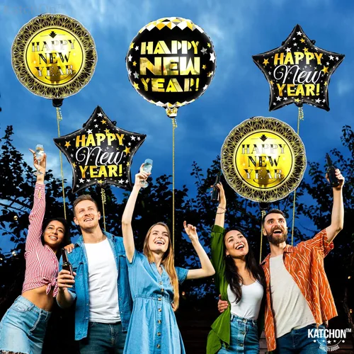 Miniatura 6 de KatchOn, Globos negros y dorados de Año Nuevo – 18 pulgadas, paquete de 5 Globos de feliz año nuevo para suministros de fiesta de Año Nuevo 2025