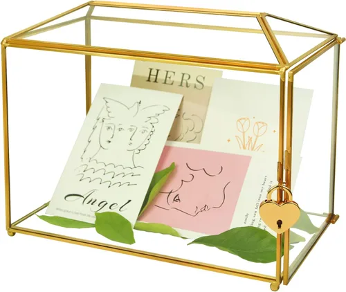 Miniatura 11 de YIMORENCE V Tarjetero de cristal dorado – Caja de sobres de boda con forma rectangular con ranura y pie, perfecto para recepción y centro de mesa