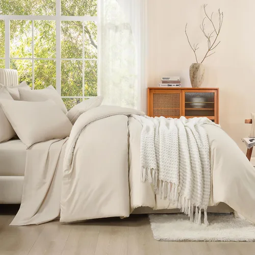 Miniatura 5 de Litanika Cama en una Bolsa King Beige - Juego de Ropa de Cama de 7 Piezas Tamaño King, Juego de Edredón de Cama, Juego de Edredón con Edredón, 02