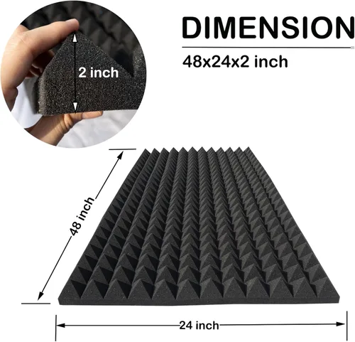 Miniatura 3 de Paquete de 4 paneles de espuma piramidal a prueba de sonido, espuma acústica de 48 x 24 x 2 pulgadas, paneles de pared insonorizados de alta