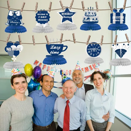 Miniatura 3 de 9 piezas de decoración de feliz jubilación, centros de mesa de nido de abeja, suministros de fiesta, azul y plateado, letrero de aventura