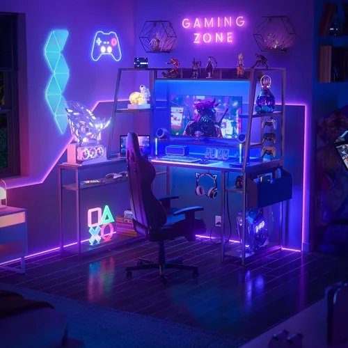 Miniatura 8 de armocity Escritorio para juegos en forma de L con gabinete y estantes, tiras de alimentación de luces LED de computadora de 47 pulgadas