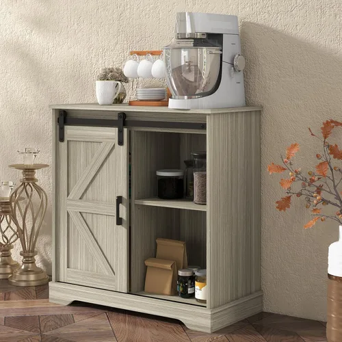 Miniatura 7 de Panana - Armario de almacenamiento para aparador con puerta corrediza de granero, gabinete de barra de café, estilo granja para cocina (roble)