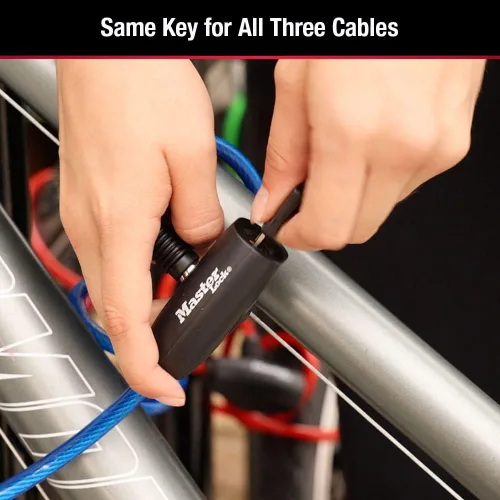 Miniatura 5 de Master Lock Cables para candado de bicicleta con llave, azul, verde y rojo, paquete de 3 cerraduras de cable de bicicleta con llave, 6 pies