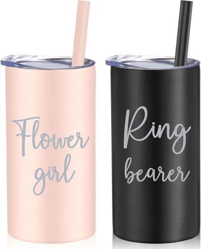 Sieral 2 vasos de acero inoxidable con pajita, de 16 onzas, con diseño de flores para niña, con botella de agua y pajita, regalo para propuesta de