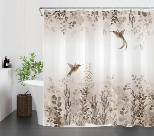 Miniatura 3 de EOBTAIN Cortina de ducha de hojas de otoño, colibrí y hojas de eucalipto sobre blanco, cortina de ducha para baño, cortina de baño de tela de Marrón
