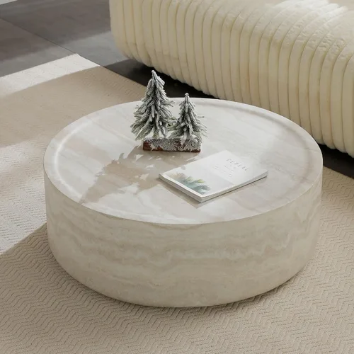 Miniatura 5 de JUSTONE Mesa de Centro Redonda para Sala de Estar, Mesa de Acento Moderna de 31.5 Pulgadas con Acabado de Piedra Artificial Beige Desgastado, Mesa