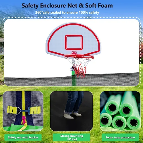 Miniatura 3 de Lyromix Trampolín mejorado con luces, trampolín grande para exteriores con aspersor, aro de baloncesto y red, capacidad para 5-8 niños y adultos
