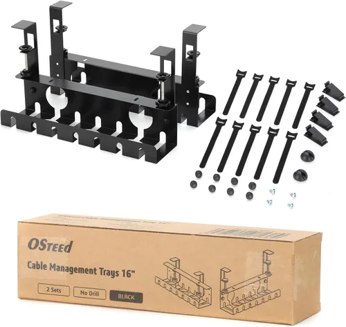 Bandeja de organización de cables para debajo del escritorio, paquete de 2, organizador de cables sin taladro con abrazadera para gestión de cables,