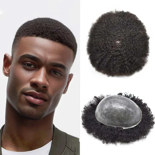 Miniatura 12 de Afro Toupee para hombres Unidades de cabello humano real para hombres negros inyectado PU Toupee afroamericano para hombre postizo rizado sistema
