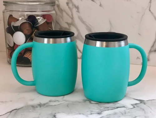 Miniatura 4 de Juego de 2 tazas de café aisladas de acero inoxidable (14 onzas) de doble pared con tapa y asa resistentes a derrames, tazas inastillables