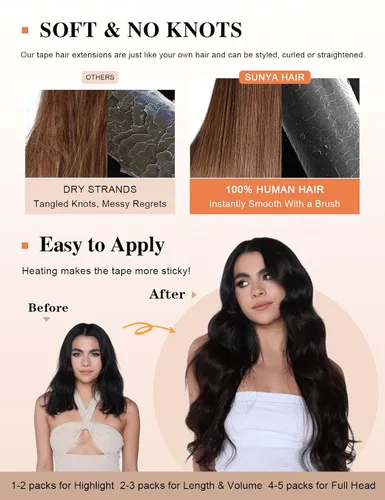 Miniatura 5 de Sunya Extensiones de cabello humano con cinta adhesiva, color negro azabache, 12 pulgadas, extensiones de cabello lacio negro #1, 1.41 oz/20