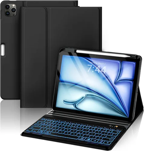 Miniatura 11 de OYEEICE Funda de teclado para iPad 6ª/5ª generación de 9.7 pulgadas, teclado inalámbrico desmontable retroiluminado de 7 colores, cubierta magnética