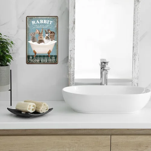 Miniatura 4 de Divertido letrero de metal para decoración de conejo, póster de arte de pared de baño, decoración retro para el hogar, para amantes de los conejos