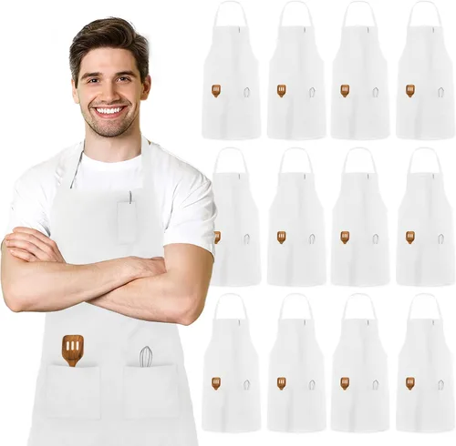 Miniatura 15 de Avalon Kitchen Aprons for Men - 100% Polyester Chef Apron Women with Extra Long Ties - Cooking Aprons for Women & Mens Apron Blanco