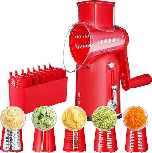 Miniatura 10 de Rallador giratorio de queso, manivela de mano con cuchillas intercambiables 5 en 1 y base de succión fuerte, trituradora de verduras, rebanadora