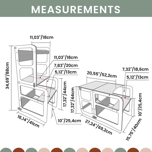 Miniatura 8 de Torre de cocina Montessori y taburete de observación para niños, mesa y silla plegable, torre de observación de cocina (color lacado/madera)