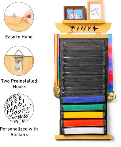 Miniatura 4 de Tilhumt 10/12 Belts Karate Belt Display Rack with Photo Shelf, Felt Taekwondo Belt Display Rack Martial Arts Belt Display for Adults TKD, BJJ Bambú