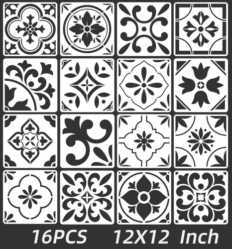 Juego de 16 plantillas de azulejos españoles (12 x 12 pulgadas) patrones auténticos para suelo y pared, plantillas de azulejos reutilizables para