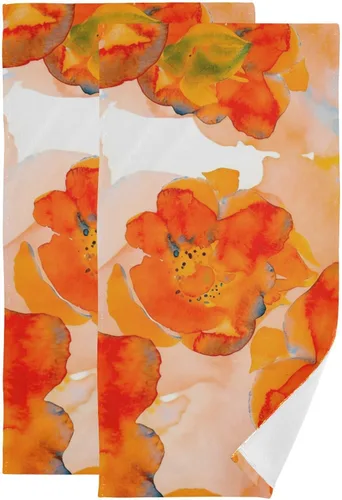 ALAZA Juego de 2 toallas de mano con diseño de flor naranja y amapola de maíz, toallas de baño de algodón, juego de decoración para niños, 28 x 14.4