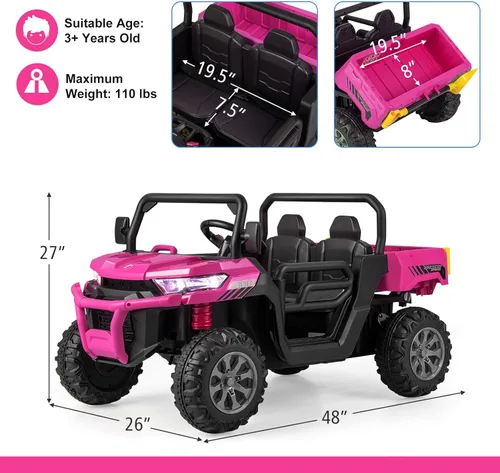 Miniatura 7 de OLAKIDS Carro Montable de 2 Asientos, Vehículo Eléctrico UTV Todoterreno de 12V con Control Remoto, Cama Volquete, Pala Extra, Música, USB, AUX, Rosa