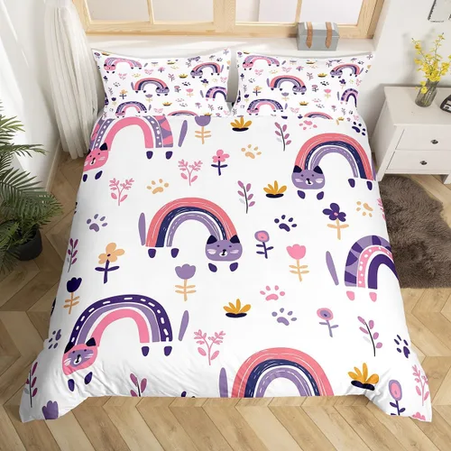 Miniatura 10 de Decoración de habitación kawaii, juego de funda de edredón arcoíris para niñas, tamaño individual, para niños y niños, lindo diseño de nubes