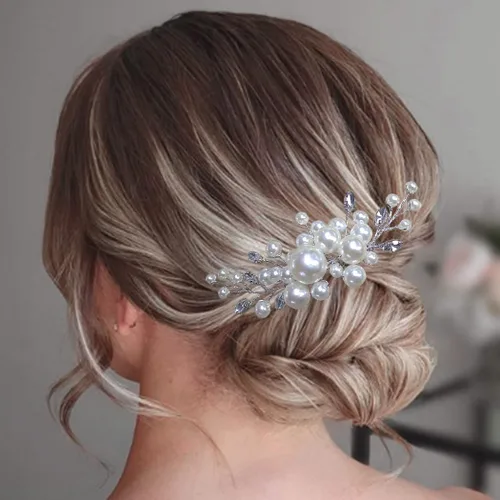 Miniatura 6 de Evild Accesorios para el cabello de perlas Peine de pelo de novia de boda Piezas de pelo nupcial para mujeres (plata)