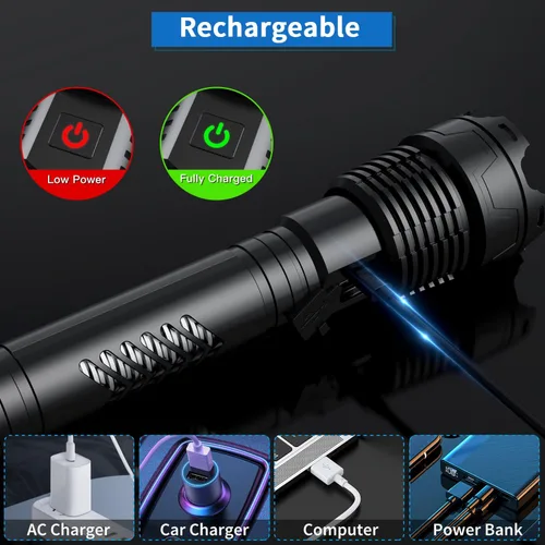 Miniatura 3 de Linterna LED súper brillante Weoxi, 1000000 lúmenes recargables con mango largo, batería de 10000mAh, 5 modos con zoom para camping al aire libre